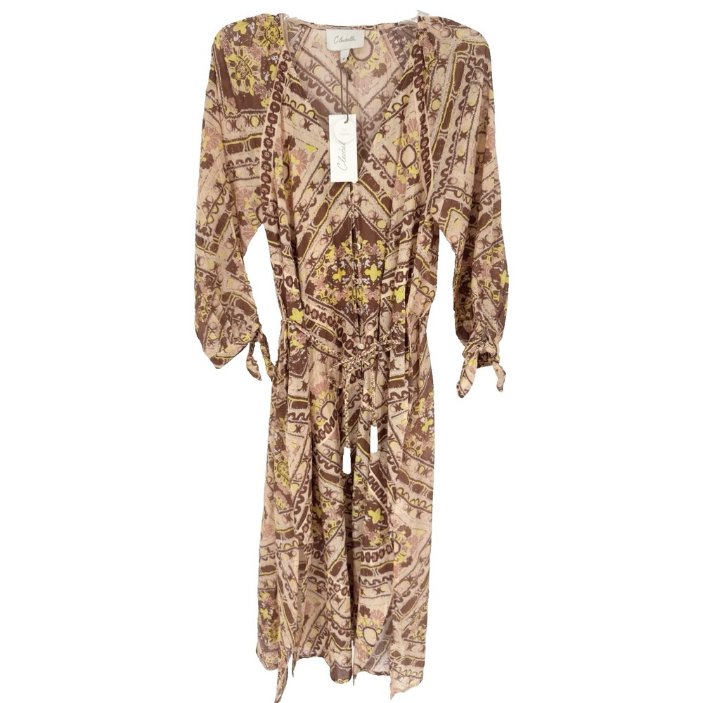 NWT Cleobella Long Sleeve Midi Dress Geo Print Brown Peach Boho Tie Waist Size M